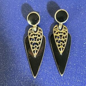 Art deco style earrings drop filigree black acrylic pierced ears 2 in drop